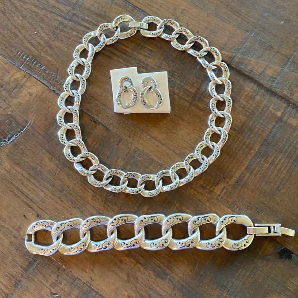 Brighton chain style silver tone matching necklace, bracelet, earrings set.